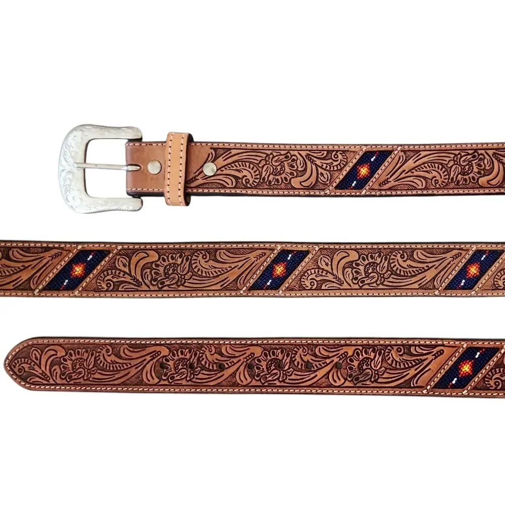 Ranger Belt Co WB413 Western Leather Belt Beaded Inlay Floral Tooled Unisex New